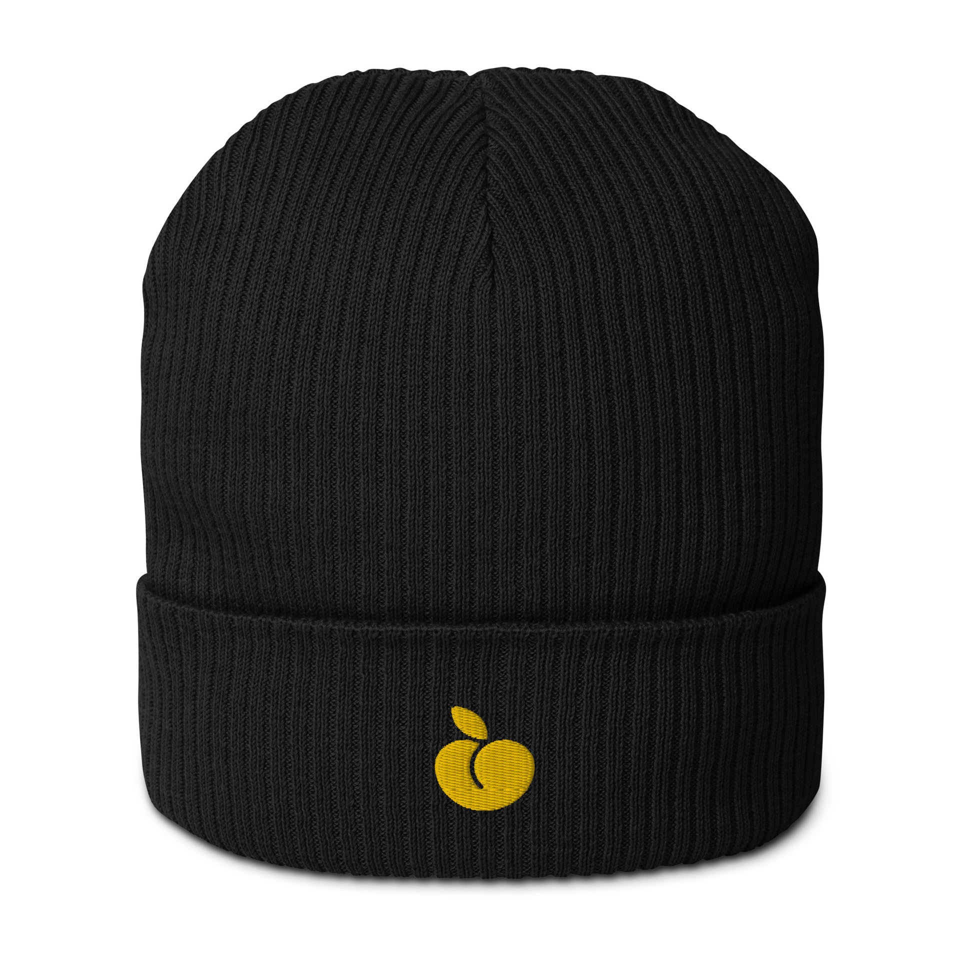 Black Organic Ribbed Beanie Logo