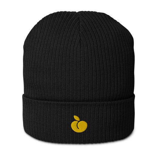 Black Organic Ribbed Beanie Logo